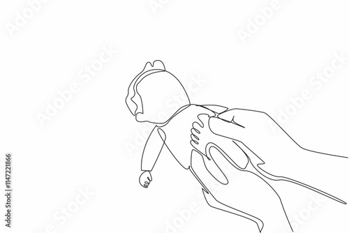 Continuous one line drawing baby feet massage. Reflexology. Treatment. Massage provides calmness. Touch sensor on feet make appetite grow. Baby Massage Day. Single line draw design vector illustration