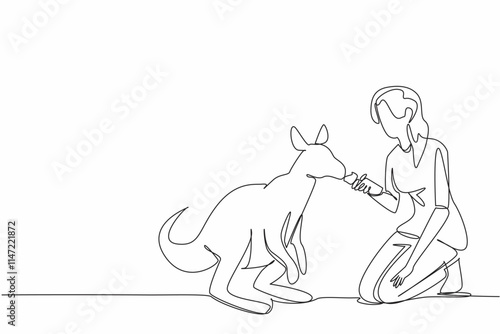 Single one line drawing woman in casual clothes squatting and feeding carrots to a kangaroo. Giving with patience and care. Loving. National Zoo Lovers Day. Continuous line design graphic illustration