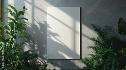 Vertical poster mockup with diagonal shadow on smooth gray wall surrounded by greenery photo