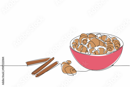 Single one line drawing cinnamon crescents in bowl and several tied cinnamon sticks. Good snack foods for diabetics. Herbs. National Cinnamon Crescent Day. Continuous line design graphic illustration