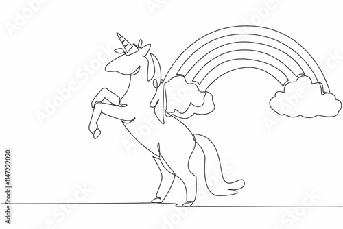 Single continuous line drawing unicorn in a jumping position with a background of clouds and rainbow. Mythological animals symbol of pride. National Unicorn Day. One line design vector illustration