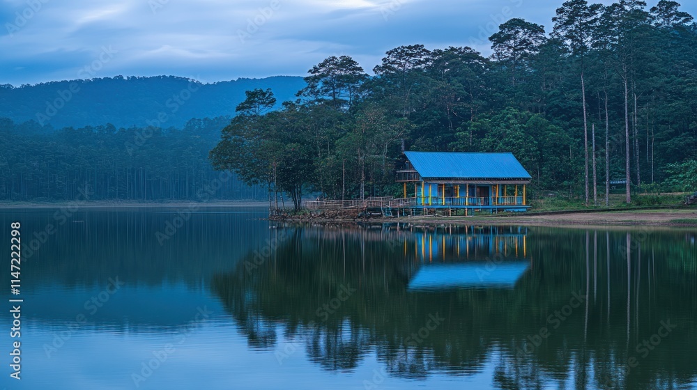 Fototapeta premium Serene lakeside house reflecting in calm water at dawn.