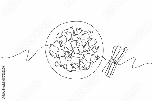Single continuous line drawing cinnamon crescents on plate next to several cinnamon sticks tied together. Useful for losing weight. National Cinnamon Crescent Day. One line design vector illustration