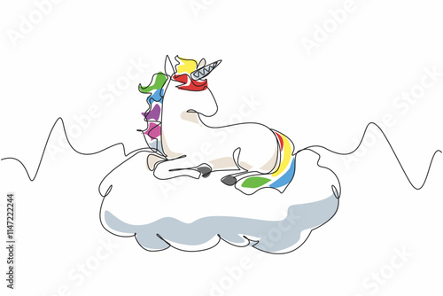 Single one line drawing unicorn sitting on a cloud. A depiction of a calming paradise. Peaceful. Fantasy. Equine. Character. Folklore. National Unicorn Day. Continuous line design graphic illustration