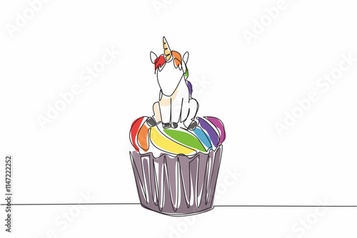 Single continuous line drawing cupcake with a unicorn sitting on top. Cake celebrates success. Pampering children with sweet snack. National Unicorn Day - Cupcake. One line design vector illustration