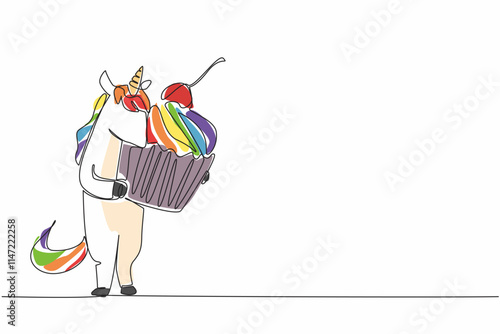 Single one line drawing the unicorn is standing and hugging a cherry-topped cupcake. The brave one who loves sweet food. National Unicorn Day - Cupcake. Continuous line design graphic illustration