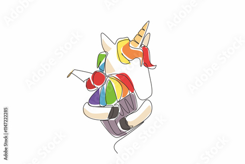 Single continuous line drawing the unicorn is half-bodied and hugging a cherry-topped cupcake. A blend of flavors and shapes. Sweet. National Unicorn Day - Cupcake. One line design vector illustration