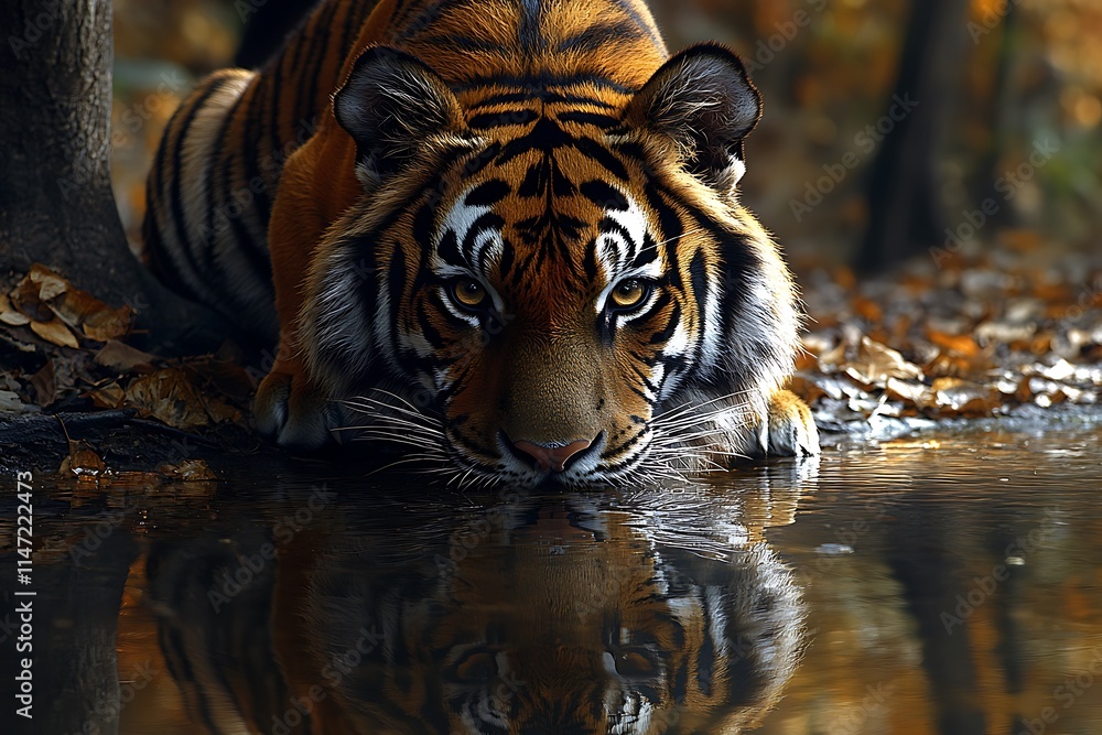 A majestic tiger drinking from a puddle in the forest, its reflection mirroring its powerful presence. A majestic tiger drinking from a puddle in the forest, its reflection mirroring its powerful presence.