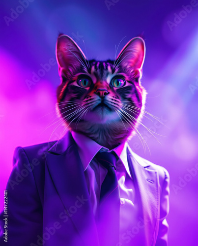 A Dapper Cat in a Purple Suit: Neon-Lit Feline in Business Attire