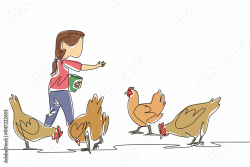 Single one line drawing a girl carrying small bucket and sprinkling food on chickens. First experience of feeding. Best feeling. National Farm Animals Day. Continuous line design graphic illustration