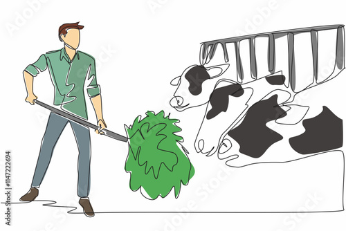 Single continuous line drawing male farmer raking grass giving it to cows. Good quality grass for livestock nutrition. Reliable breeder. National Farm Animals Day. One line design vector illustration