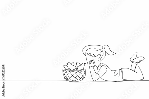 Continuous one line drawing the little girl prone giving kisses to the chicks in the basket. Cute newly hatched chicks. Happy. National Farm Animals Day. Single line draw design vector illustration