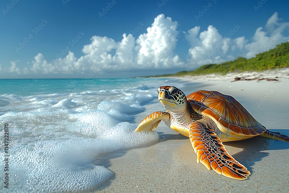 Obraz premium Majestic sea turtle on a tropical beach enjoying the warm sunlight and clear turquoise water