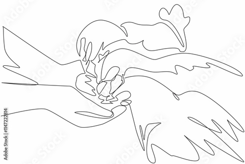 Continuous one line drawing two hands holding chicken food and several chickens surround hands. Chicken farmer. The best feed. National Farm Animals Day. Single line draw design vector illustration