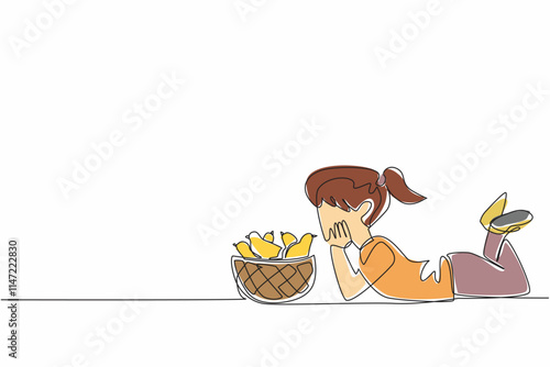 Continuous one line drawing the little girl prone giving kisses to the chicks in the basket. Cute newly hatched chicks. Happy. National Farm Animals Day. Single line draw design vector illustration