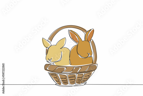 Continuous one line drawing two rabbits in a rattan basket. Container for carrying two cute animals waiting for the evening. National Farm Animals Day. Single line draw design vector illustration