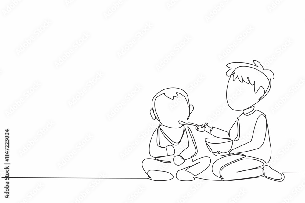 Single one line drawing the older brother feeds his younger brother. Patiently and carefully put the spoon into the mouth. Loving. National Siblings Day. Continuous line design graphic illustration Single one line drawing the older brother feeds his younger brother. Patiently and carefully put the spoon into the mouth. Loving. National Siblings Day. Continuous line design graphic illustration