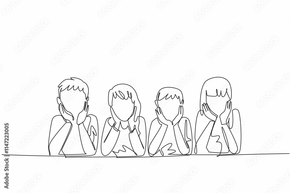 Single continuous line drawing group of brothers and sisters lying face down supporting their cheeks. Brotherhood. Sisterhood. Adorable pose. National Siblings Day. One line design vector illustration Single continuous line drawing group of brothers and sisters lying face down supporting their cheeks. Brotherhood. Sisterhood. Adorable pose. National Siblings Day. One line design vector illustration