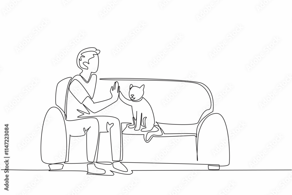 Single continuous line drawing man sitting on sofa with his cat while giving high five. Educated to be an obedient animal. Favorite pet. Bonding. National Pet Day. One line design vector illustration Single continuous line drawing man sitting on sofa with his cat while giving high five. Educated to be an obedient animal. Favorite pet. Bonding. National Pet Day. One line design vector illustration
