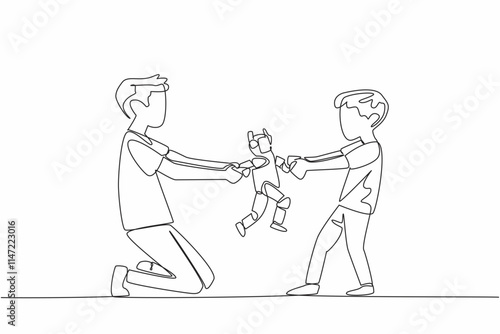 Continuous one line drawing two brothers fighting over a toy robot. Common conflicts in children. Fighting for unnecessary rights. National Siblings Day. Single line draw design vector illustration