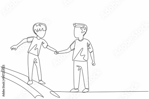 Continuous one line drawing boy holding his little brother walking on the edge of the sidewalk. Good example in the family. Guard. National Siblings Day. Single line draw design vector illustration