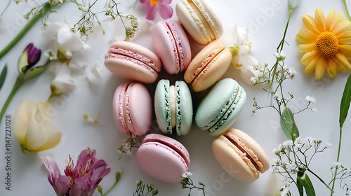 A close up of a variety of pastries, including macarons