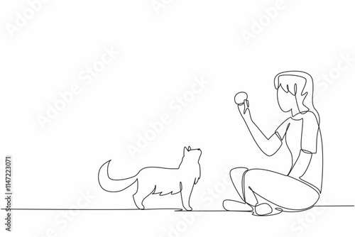 Single one line drawing woman sitting cross-legged playing knitting ball with her cat. Train the sensitivity of a cat. Increase bonding. National Pet Day. Continuous line design graphic illustration