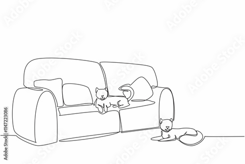 Single continuous line drawing a cat lying on a very soft long sofa and another cat lying on the floor. Same destination different place. Relax. National Pet Day. One line design vector illustration