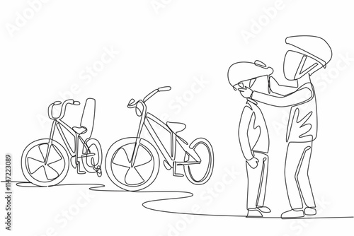 Single continuous line drawing Big brother helps put bike helmet on his little brother. Commendable traits. Family members love each other. National Siblings Day. One line design vector illustration