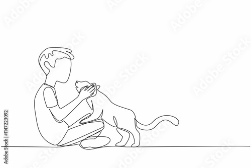 Single continuous line drawing boy sitting cross-legged holding head of cat. Adorable spoiled cat behavior. Joking around to pass the time. Cute. National Pet Day. One line design vector illustration