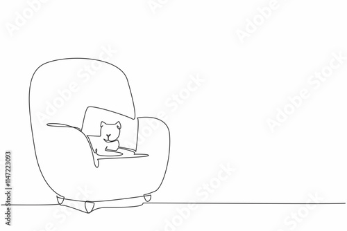Single one line drawing cat lying on a very soft single sofa. Take advantage of free time when the pawrent is not in the room. Relax. National Pet Day. Continuous line design graphic illustration