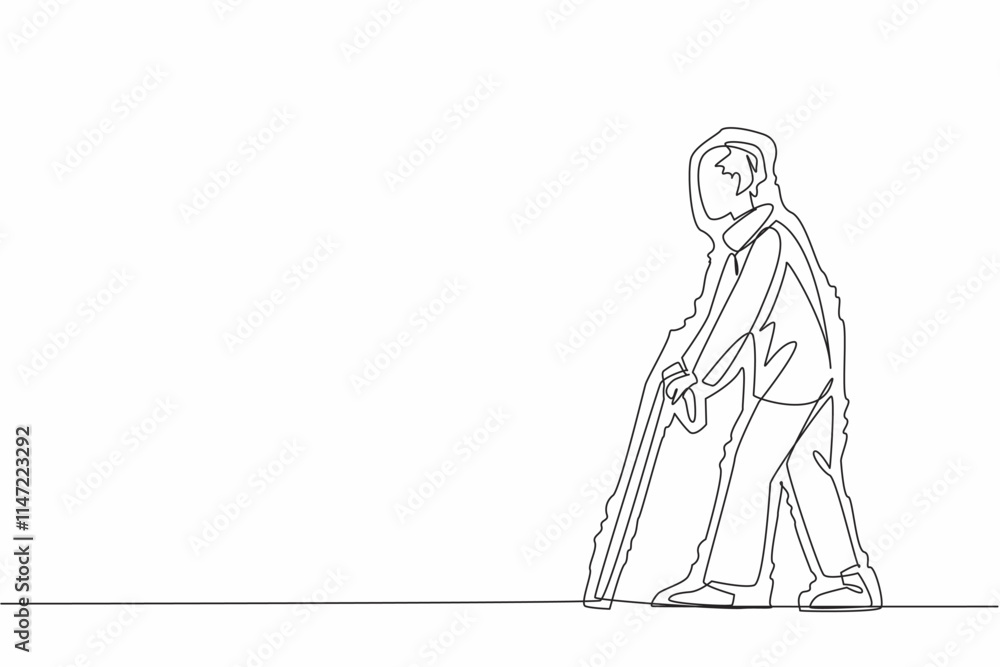 Single continuous line drawing Grandpa walks using cane. Shaking when walking. Difficulty balancing body condition. Not in good health. Aging of the nervous system. One line design vector illustration Single continuous line drawing Grandpa walks using cane. Shaking when walking. Difficulty balancing body condition. Not in good health. Aging of the nervous system. One line design vector illustration