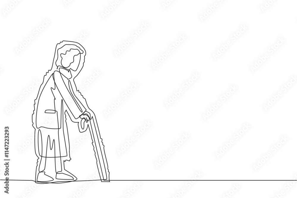 Single continuous line drawing grandma walks with a cane and trembles. It is hard to walk. Suffering from illness. Damage or death of nerve cells in the brain. One line design vector illustration Single continuous line drawing grandma walks with a cane and trembles. It is hard to walk. Suffering from illness. Damage or death of nerve cells in the brain. One line design vector illustration