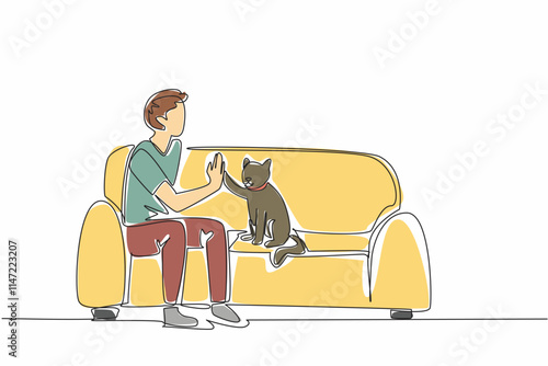 Single continuous line drawing man sitting on sofa with his cat while giving high five. Educated to be an obedient animal. Favorite pet. Bonding. National Pet Day. One line design vector illustration