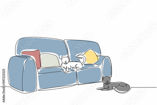 Single continuous line drawing a cat lying on a very soft long sofa and another cat lying on the floor. Same destination different place. Relax. National Pet Day. One line design vector illustration