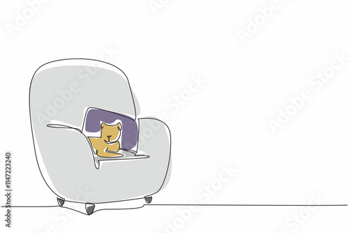 Single one line drawing cat lying on a very soft single sofa. Take advantage of free time when the pawrent is not in the room. Relax. National Pet Day. Continuous line design graphic illustration