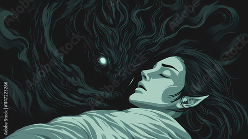 A haunting illustration of a demon whispering dark secrets into the ears of a sleeping person. Whisper. Illustration photo