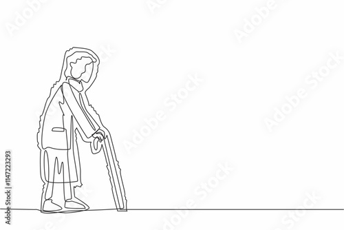 Single continuous line drawing grandma walks with a cane and trembles. It is hard to walk. Suffering from illness. Damage or death of nerve cells in the brain. One line design vector illustration