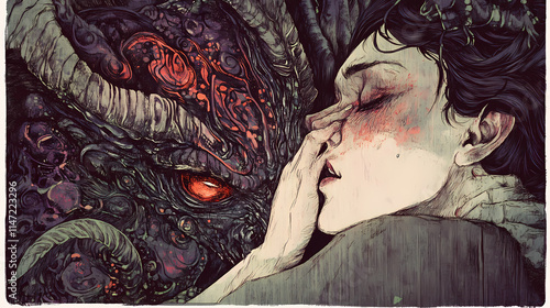 A haunting illustration of a demon whispering dark secrets into the ears of a sleeping person. Whisper. Illustration photo