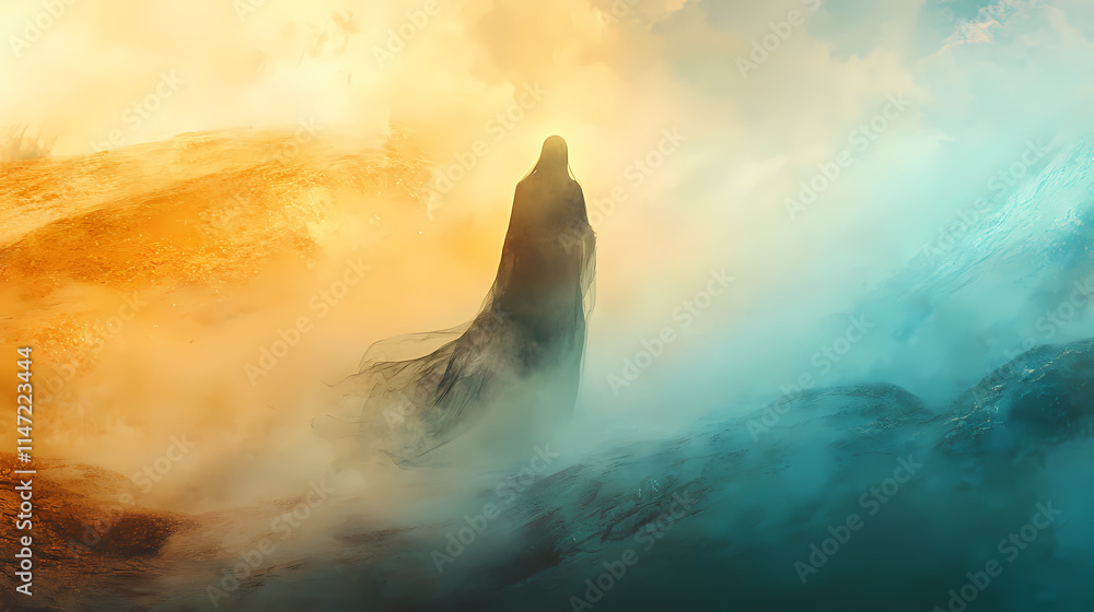 A mysterious figure enveloped in ethereal mist, embodying the essence of the supernatural and the unknown. Whisper. Illustration A mysterious figure enveloped in ethereal mist, embodying the essence of the supernatural and the unknown. Whisper. Illustration