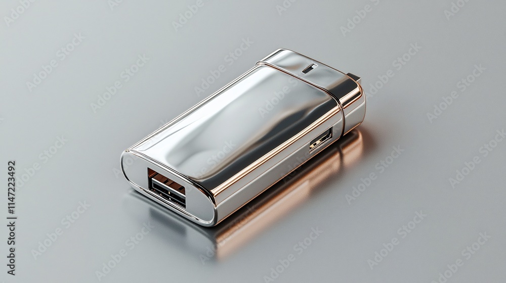 Blank and metallic USB drive mockup placed on a reflective surface with smooth lighting and shadows showcasing the sleek and modern design of the digital storage device