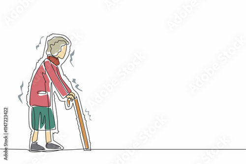 Single continuous line drawing grandma walks with a cane and trembles. It is hard to walk. Suffering from illness. Damage or death of nerve cells in the brain. One line design vector illustration