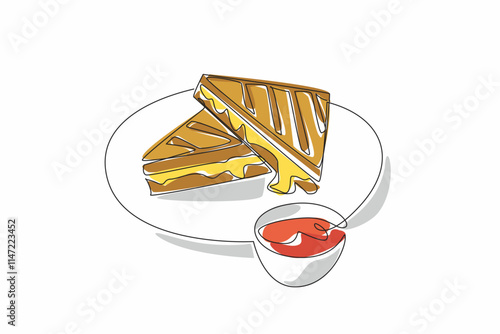 Continuous one line drawing 2 pieces of grilled cheese sandwich stacked with melted cheese on a plate. Appetizer. National Grilled Cheese Sandwich Day. Single line draw design vector illustration