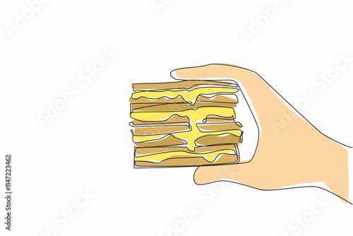 Continuous one line drawing hand holding several layers of grilled cheese sandwich. Devouring very quickly. Full. National Grilled Cheese Sandwich Day. Single line draw design vector illustration