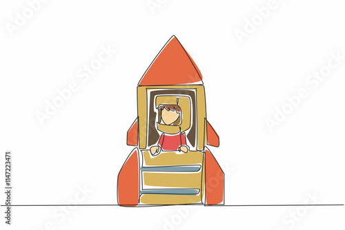 Single one line drawing boy riding a big cardboard rocket wearing cardboard helmet. Aspires to be a spaceship builder that flies to moon. Cosmonautics Day. Continuous line design graphic illustration