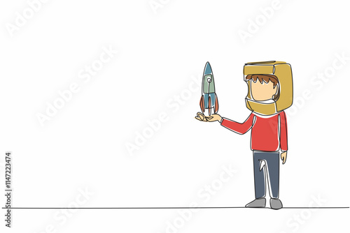 Single continuous line drawing boy holding cardboard rocket wearing cardboard helmet. Resembling spaceman. Dreams that must come true. Big dreams. Cosmonautics Day. One line design vector illustration