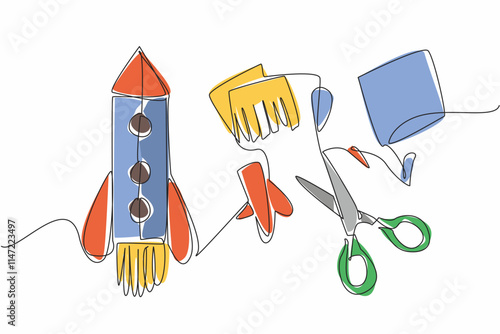 Single continuous line drawing rocket made from paper creations. Creation to commemorate the first astronaut on the lunar surface. Invention. Cosmonautics Day. One line design vector illustration