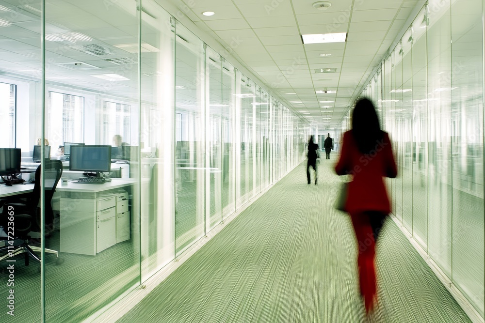 A modern office corridor with glass walls and people walking. A modern office corridor with glass walls and people walking.