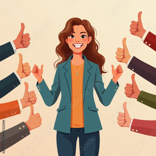 Public approval for a happy woman standing among positive gestures of support and acceptance. People support the blogger bride by expressing approval and sincere comments or agreeing.