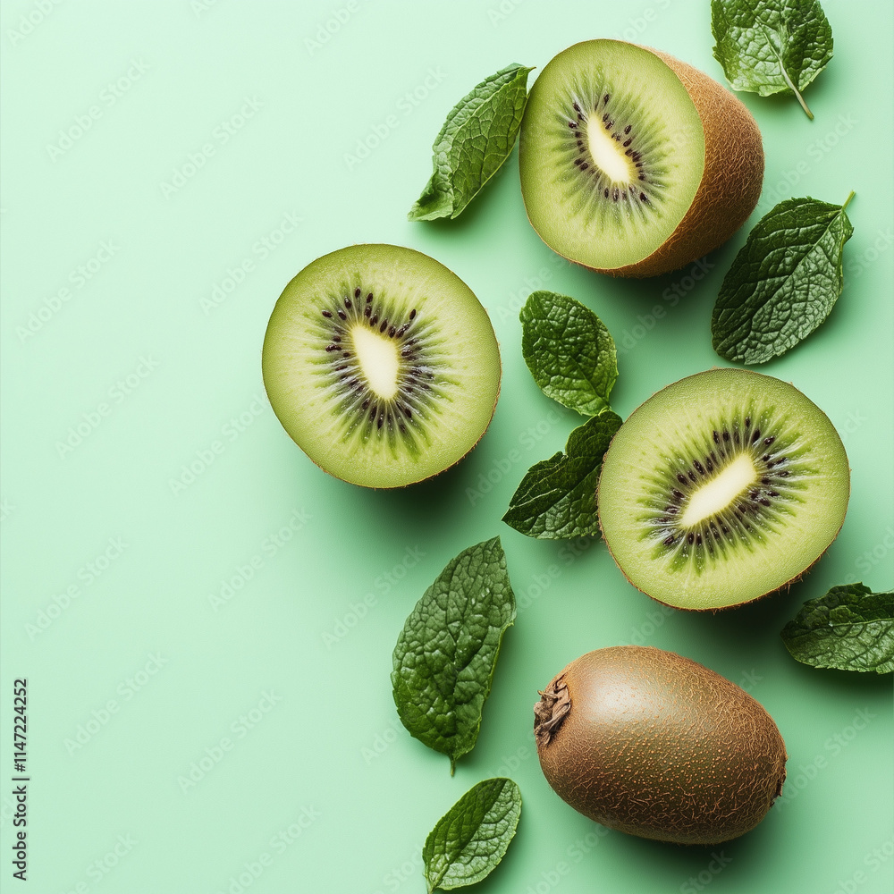 Fototapeta premium Fresh Kiwi on Light Mint Background: Refreshing and Inviting Visuals